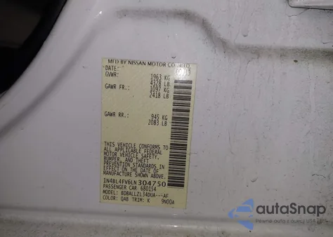 2020 Nissan Altima Platinum Fwd z USA, uszkodzony, nr VIN 1N4BL4FV6LN304750